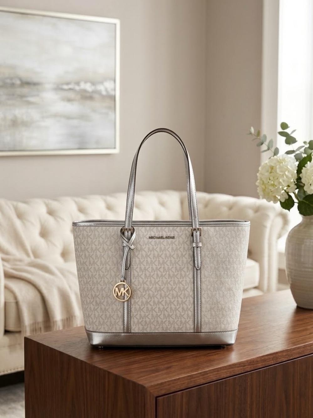 Michael Kors Jet Set Travel Small Metallic Logo Top-Zip Tote Bag Silver Zip New